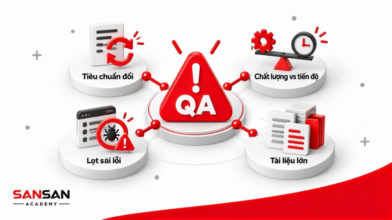 Áp lực nghề QA gồm tiêu chuẩn thay đổi, cân bằng chất lượng với tiến độ, lọt sai lỗi và khối lượng tài liệu lớn