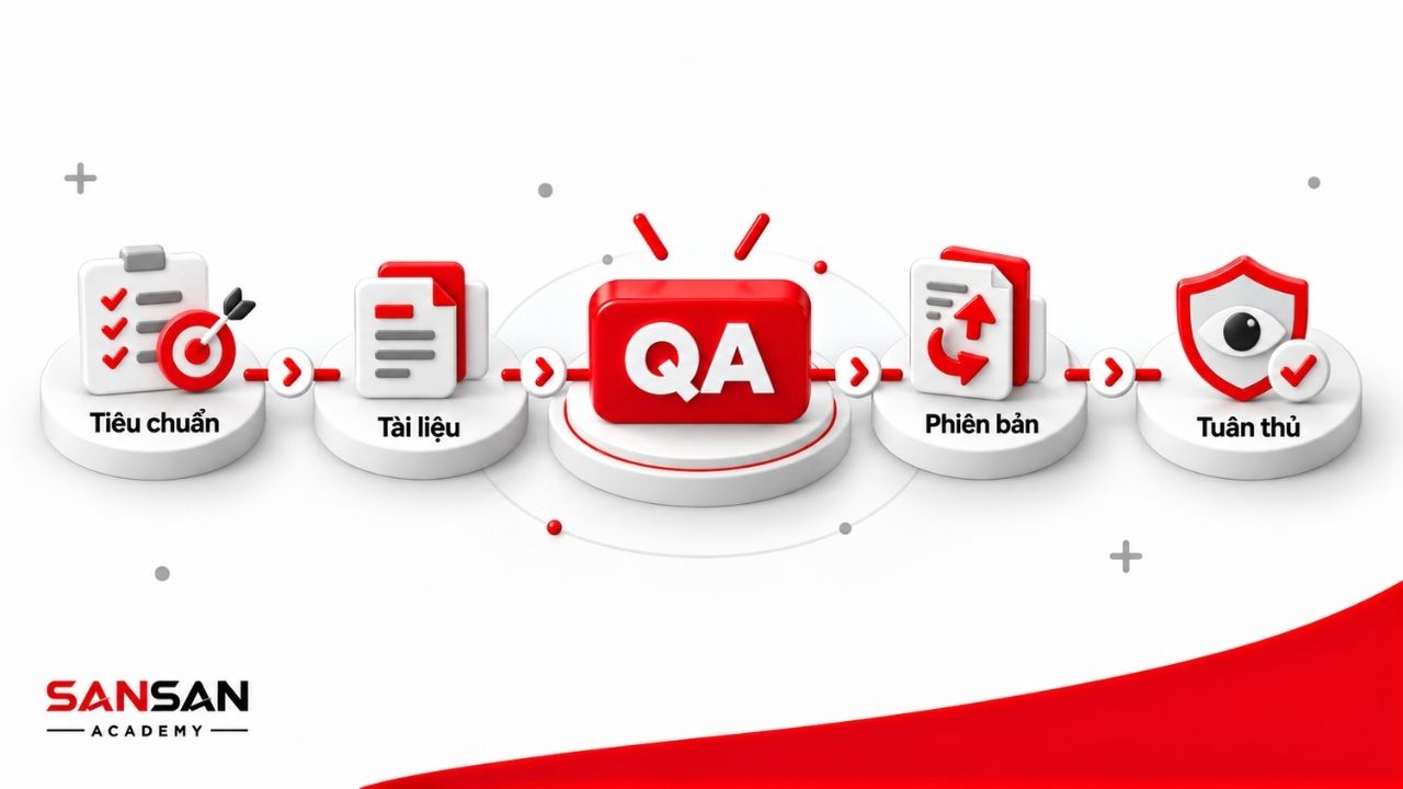 QA kiểm soát tiêu chuẩn, tài liệu, phiên bản quy trình và mức độ tuân thủ