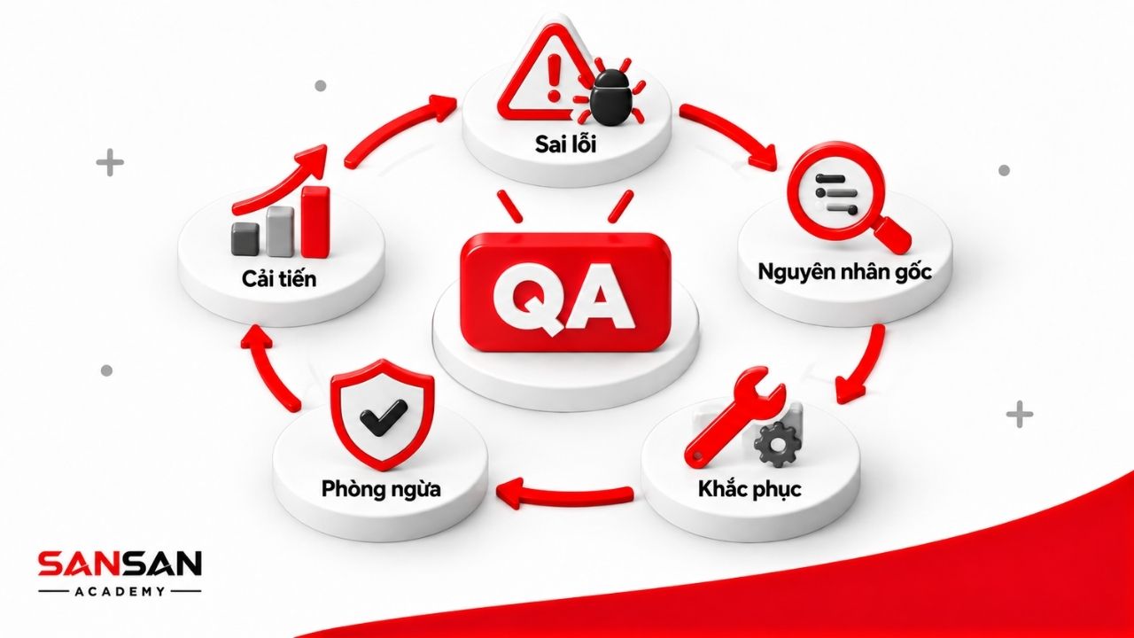 Chu trình QA từ phát hiện sai lỗi, tìm nguyên nhân gốc đến khắc phục, phòng ngừa và cải tiến