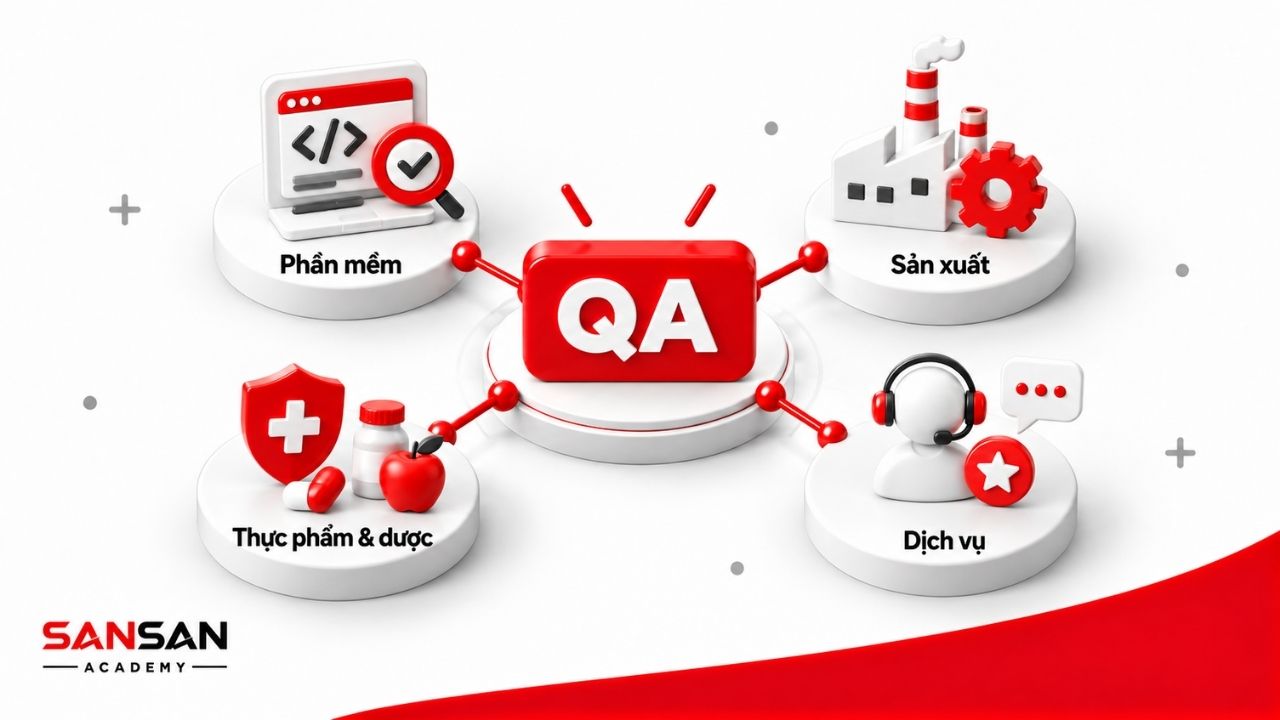 QA được ứng dụng trong phần mềm, sản xuất, thực phẩm dược phẩm và ngành dịch vụ