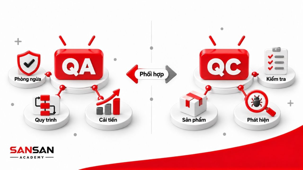 QA tập trung phòng ngừa và cải tiến quy trình trong khi QC kiểm tra và phát hiện sai lệch ở đầu ra