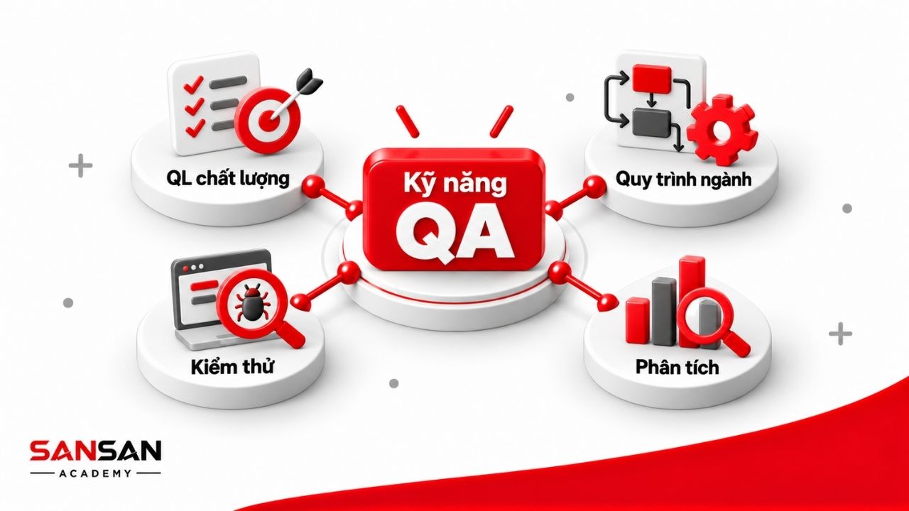 Kỹ năng QA gồm quản lý chất lượng, hiểu quy trình chuyên ngành, kiểm thử và phân tích dữ liệu