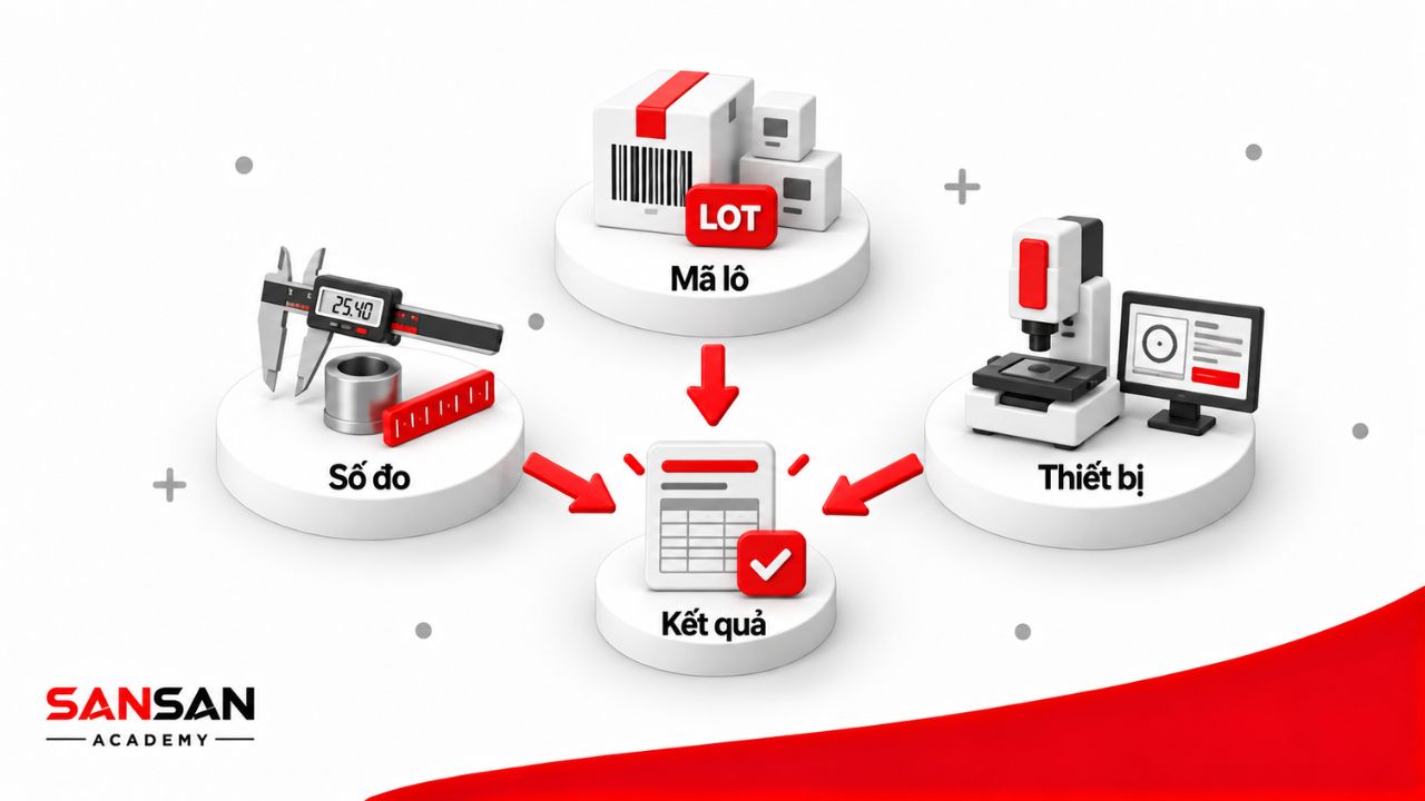 Hồ sơ QC liên kết mã lô, số đo, thiết bị kiểm tra và kết quả để phục vụ truy xuất chất lượng.