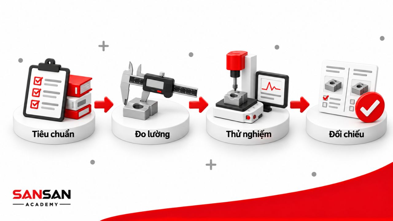 Hoạt động QC gồm đối chiếu tiêu chuẩn, đo lường, thử nghiệm và xác nhận kết quả thực tế.