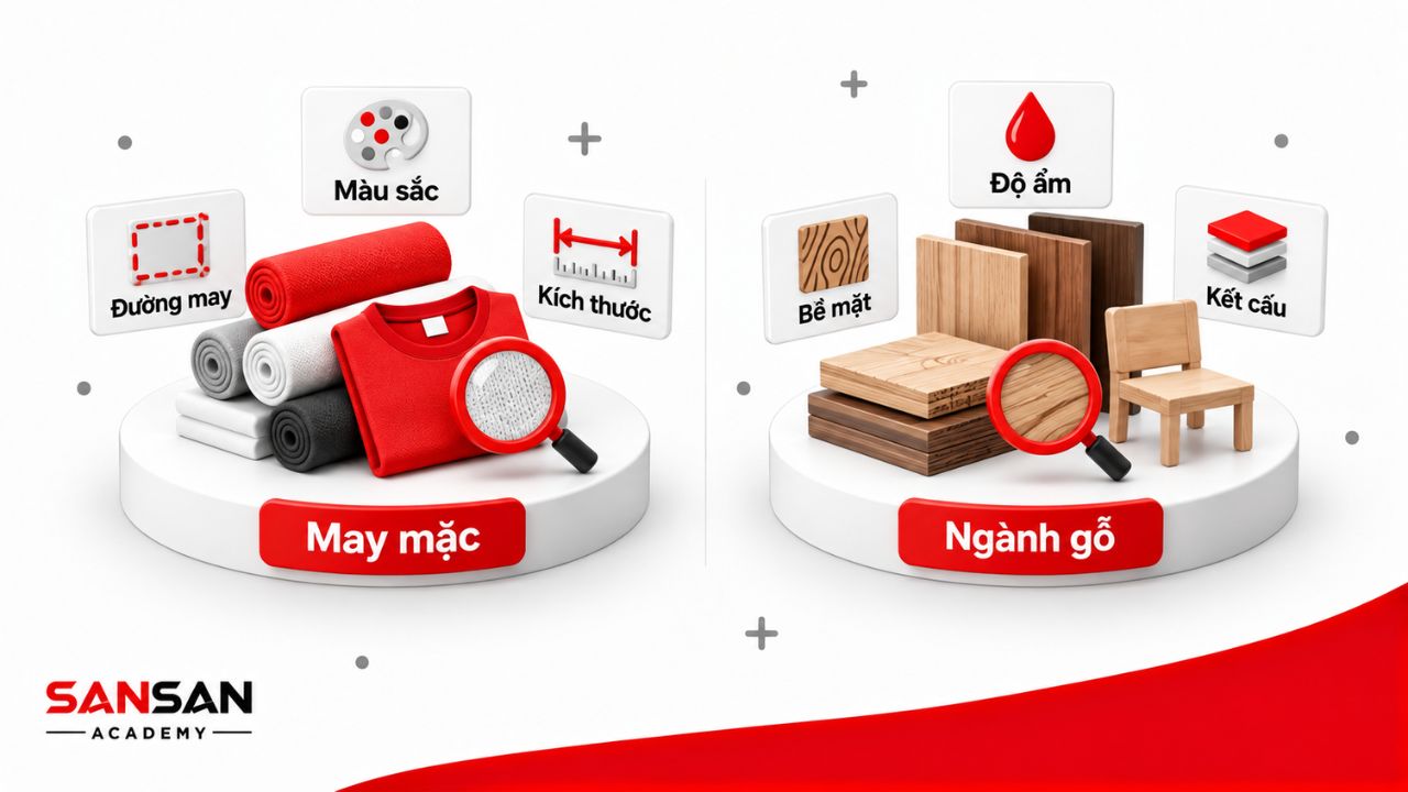 QC may mặc kiểm tra màu sắc, đường may và kích thước trong khi QC ngành gỗ chú ý độ ẩm, bề mặt và kết cấu sản phẩm.