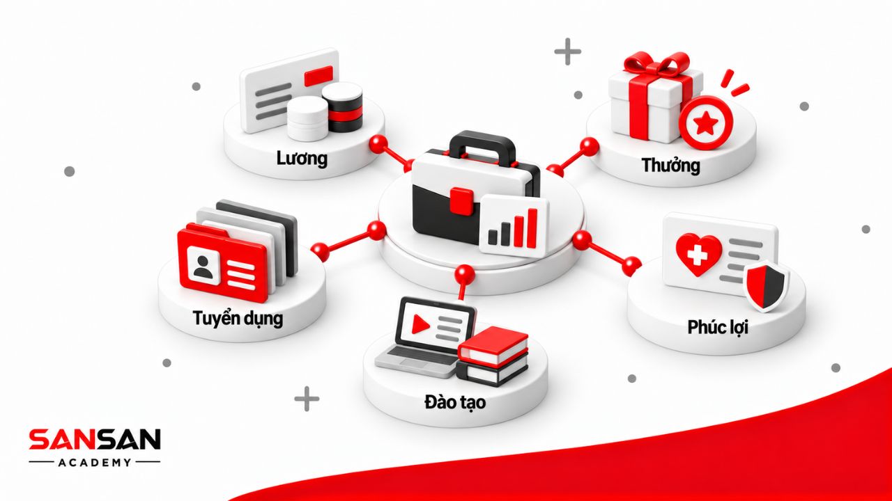 Ngân sách nhân sự bao gồm lương, thưởng, phúc lợi, tuyển dụng và đào tạo.