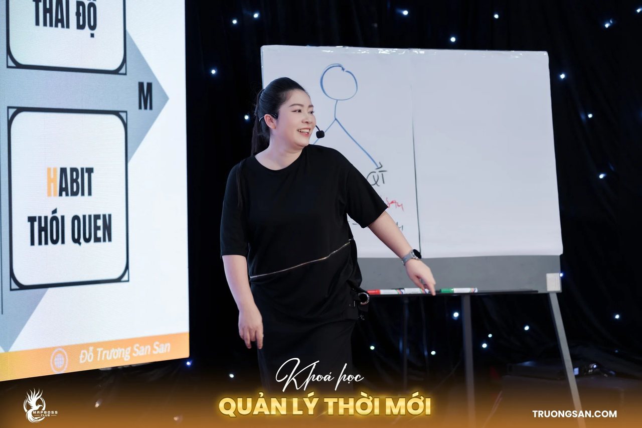 Người dẫn dắt Quản Lý Thời Mới đứng cạnh bảng trắng và slide thói quen