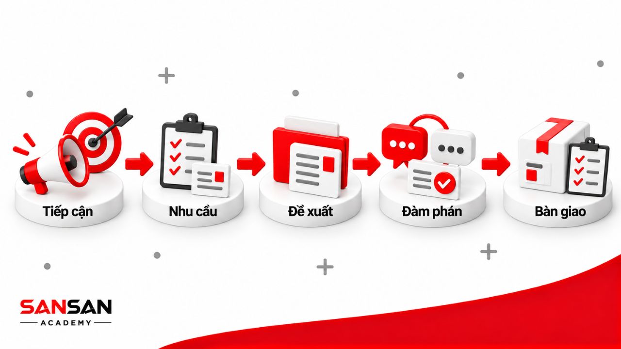 Quy trình kinh doanh đi qua các bước tiếp cận, xác định nhu cầu, đề xuất, đàm phán và bàn giao.