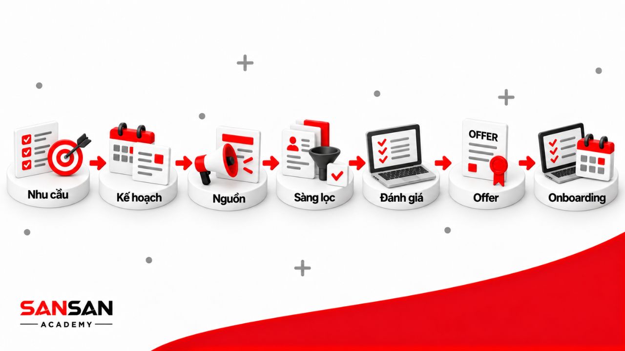 Bảy bước tuyển dụng gồm nhu cầu, kế hoạch, nguồn ứng viên, sàng lọc, đánh giá, offer và onboarding.