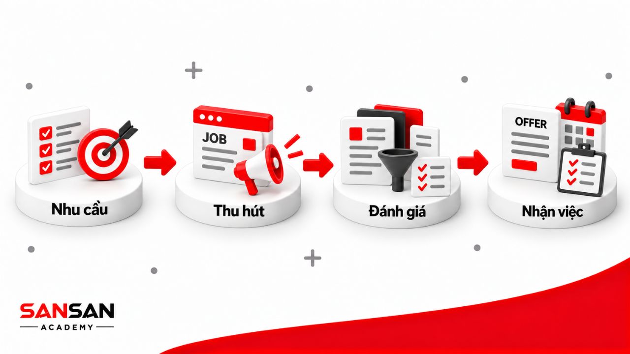 Quy trình tuyển dụng đi từ xác định nhu cầu, thu hút ứng viên, đánh giá đến tiếp nhận nhân sự mới.