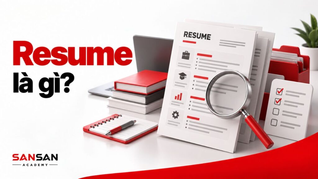 Resume được xem xét bằng kính lúp, checklist và các tài liệu phục vụ sàng lọc tuyển dụng.