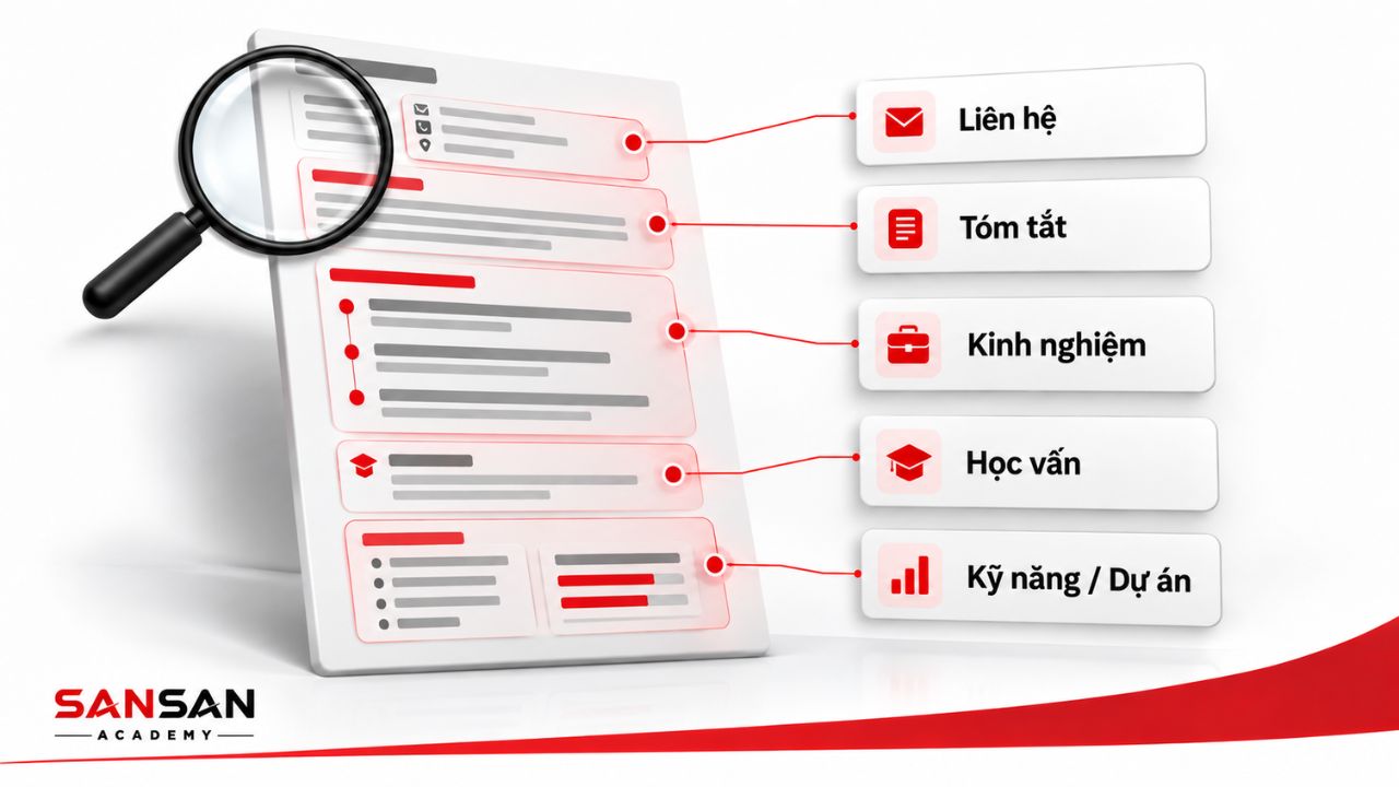 Các phần cần đọc trong Resume gồm liên hệ, tóm tắt, kinh nghiệm, học vấn, kỹ năng và dự án.