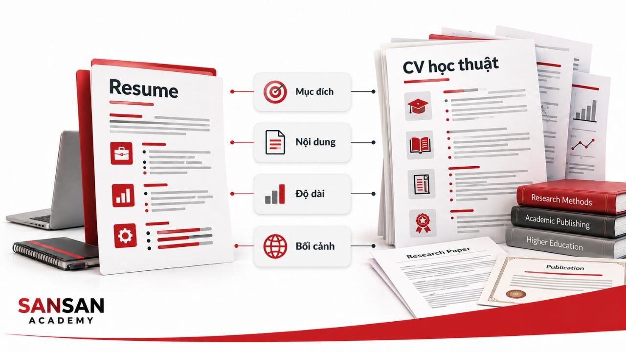 Resume và CV học thuật được so sánh theo mục đích, nội dung, độ dài và bối cảnh sử dụng.