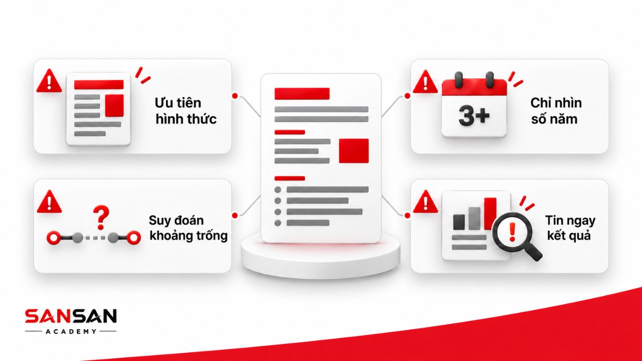 Các lỗi khi đọc Resume gồm ưu tiên hình thức, chỉ nhìn số năm, suy đoán khoảng trống và tin ngay kết quả.