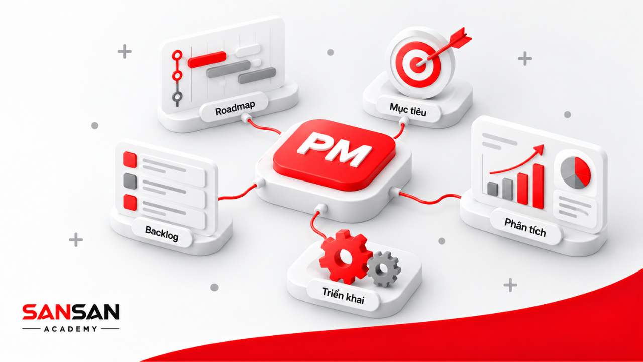Mô hình Product Manager liên kết mục tiêu, phân tích, triển khai, roadmap và backlog của sản phẩm