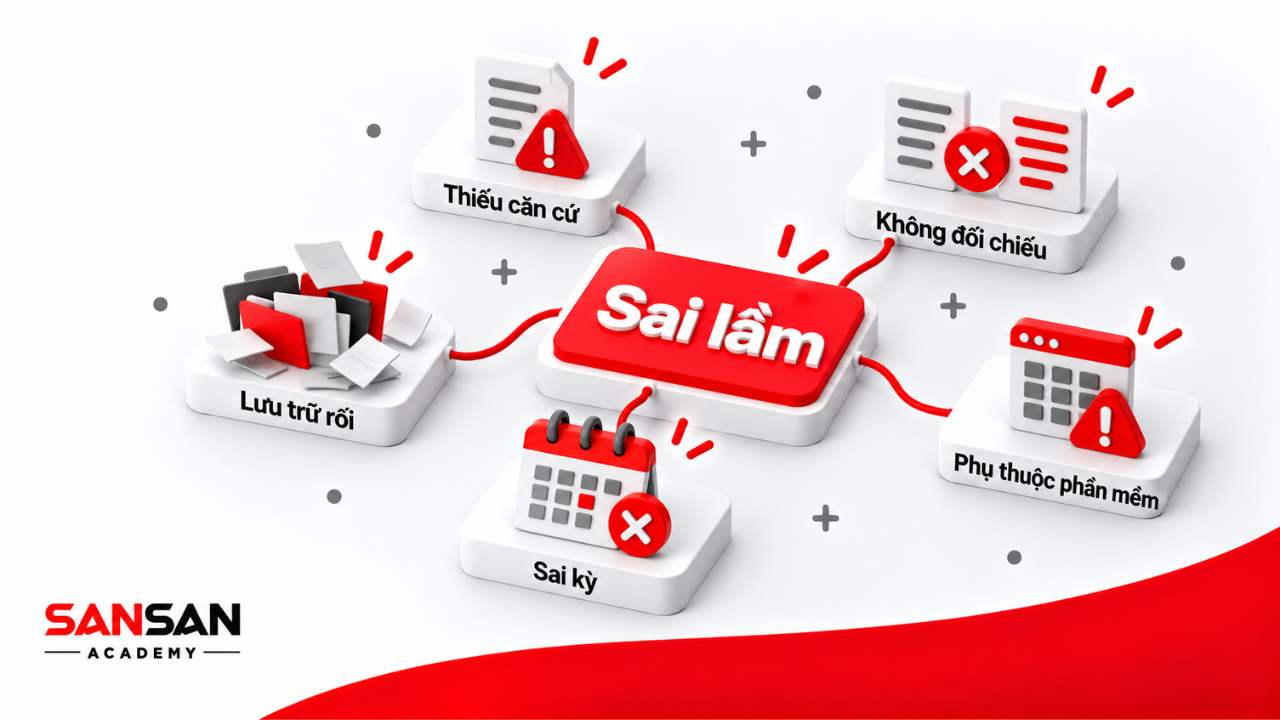 Sai lầm kế toán gồm thiếu căn cứ, không đối chiếu, lưu trữ rối, sai kỳ và phụ thuộc phần mềm