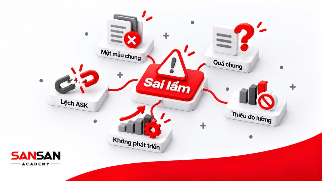 Sơ đồ các sai lầm phổ biến khi áp dụng ASK như dùng một mẫu chung, tiêu chí quá chung, lệch ASK và thiếu đo lường.