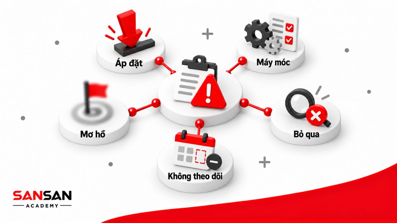 Sai lầm khi dùng GROW gồm áp đặt giải pháp, mục tiêu mơ hồ, hỏi máy móc, bỏ qua thực trạng và không theo dõi cam kết.