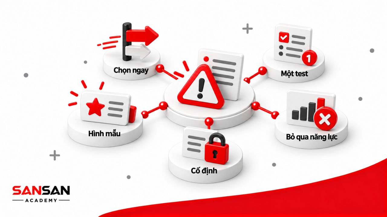 Sai lầm khi dùng test tính cách gồm chọn nghề ngay, phụ thuộc một bài test, bỏ qua năng lực, trả lời theo hình mẫu và xem kết quả là cố định.