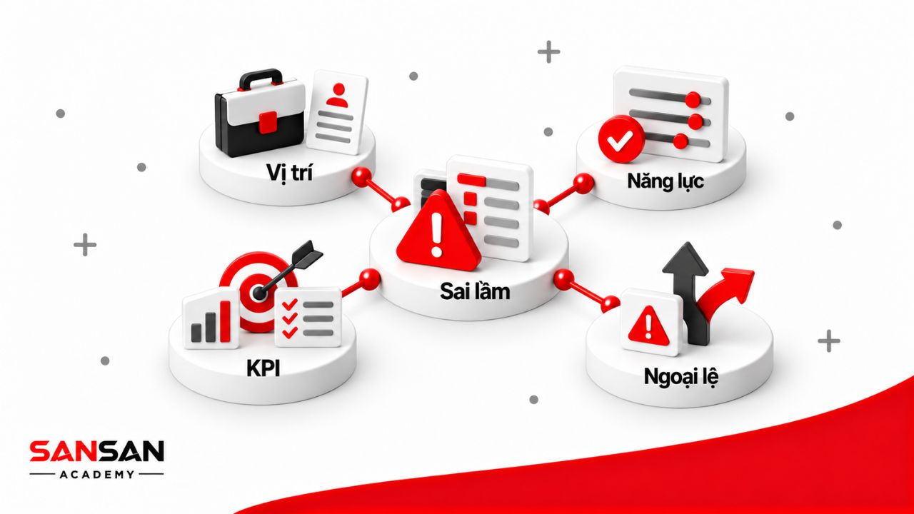 Sai lầm khi xây dựng lương 3P gồm định giá vị trí thiếu nhất quán, khung năng lực không sát thực tế, KPI sai và hệ thống quá phức tạp.
