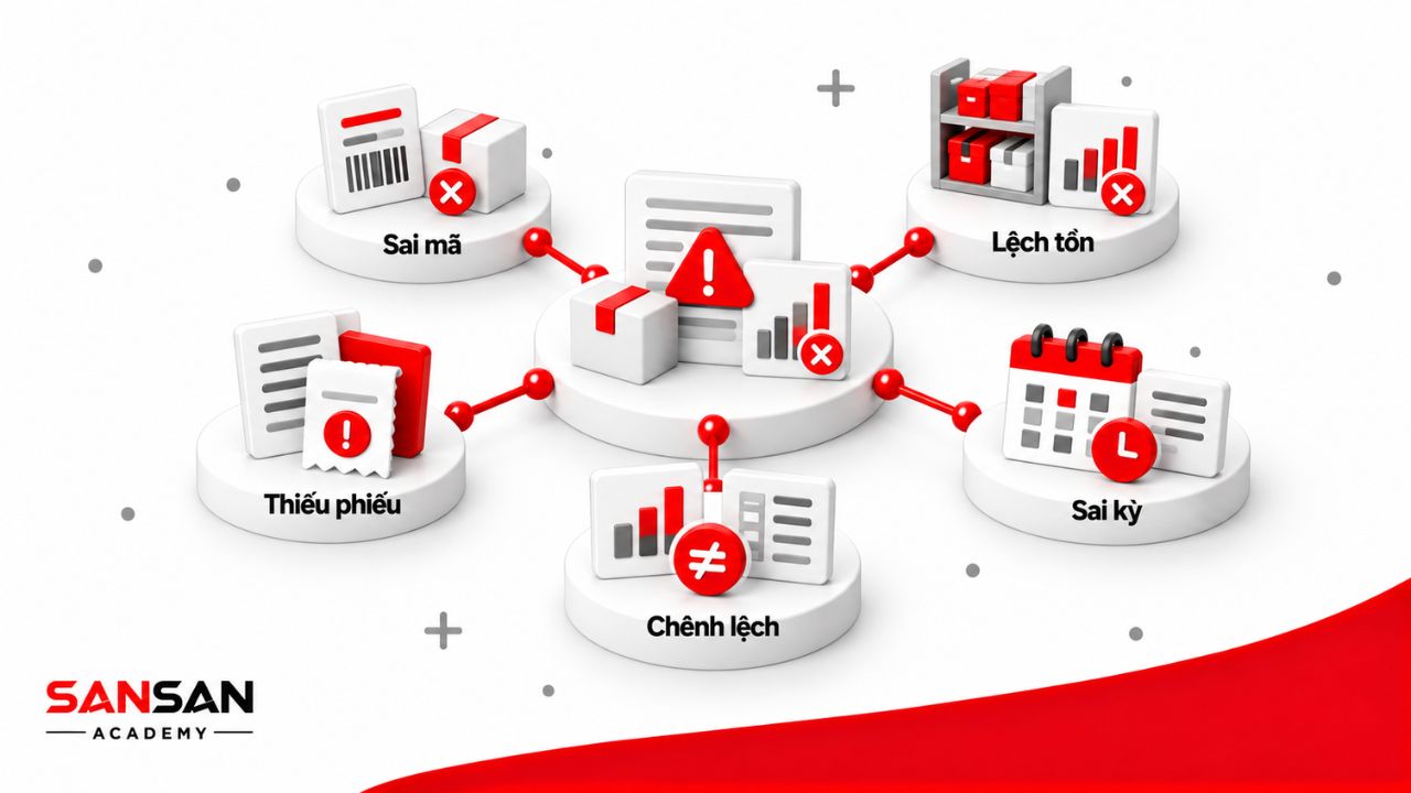 Sai sót kế toán kho thường gặp gồm sai mã hàng, thiếu phiếu, lệch tồn, sai kỳ và chênh lệch số liệu.