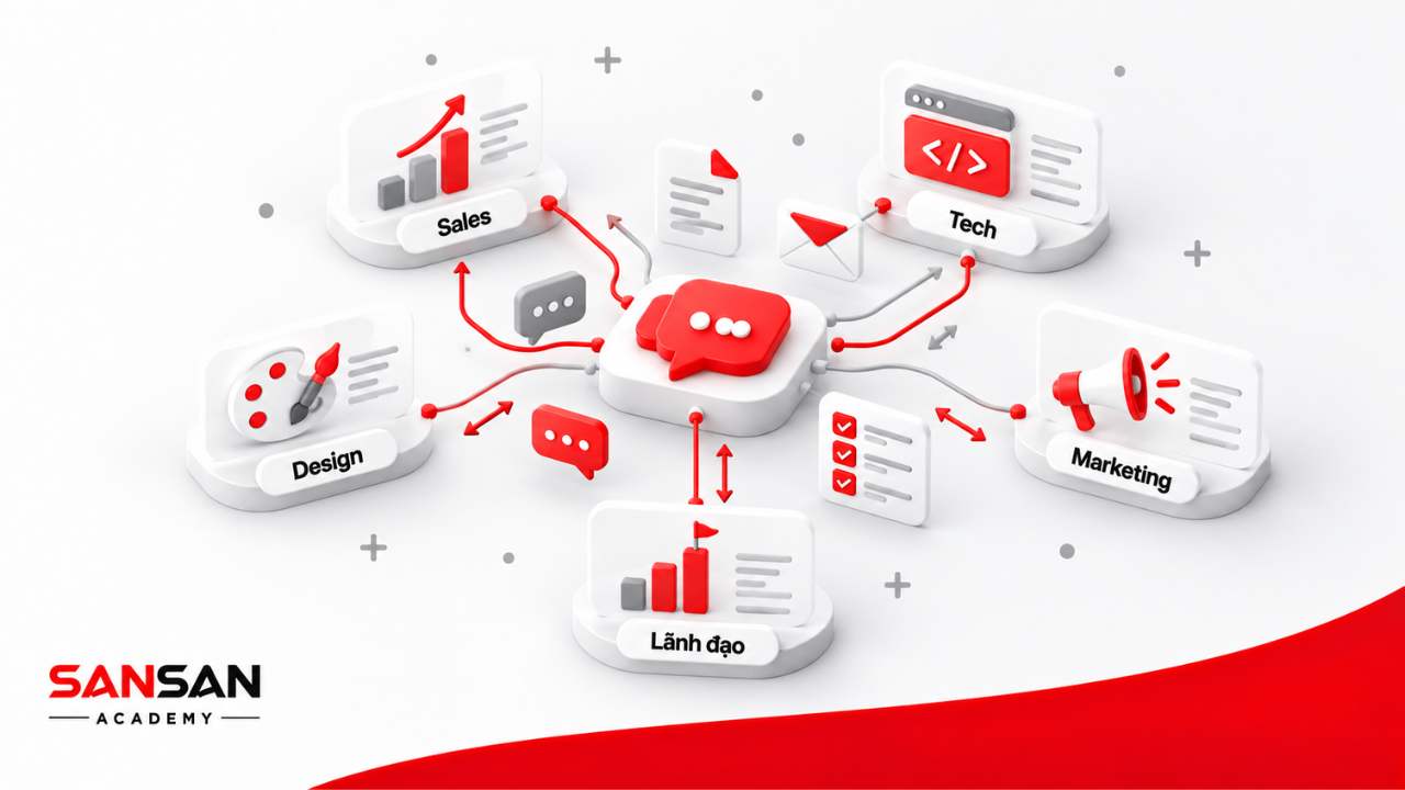 Product Manager giao tiếp và quản lý stakeholder giữa các bộ phận như sales, tech, marketing, design và lãnh đạo