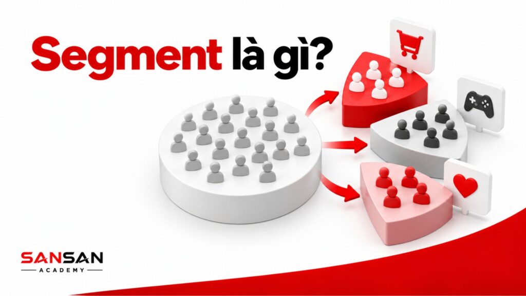 Minh họa quá trình chia thị trường lớn thành nhiều segment như nhóm A, nhóm B, nhóm C và nhóm D để phục vụ hoạt động Marketing.