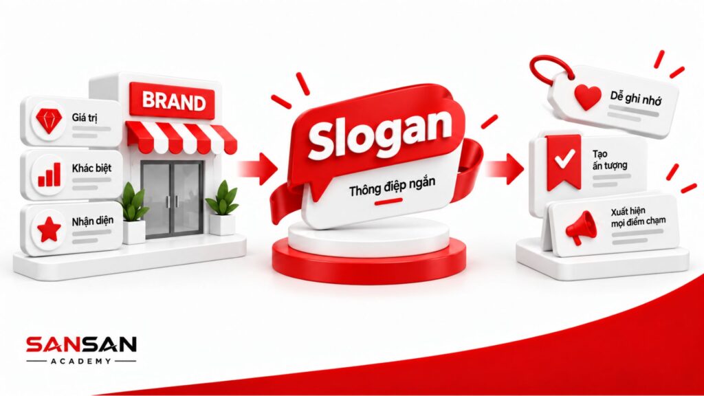 Slogan thể hiện giá trị, sự khác biệt và nhận diện thương hiệu để tạo ấn tượng, tăng ghi nhớ và xuất hiện nhất quán tại các điểm chạm.