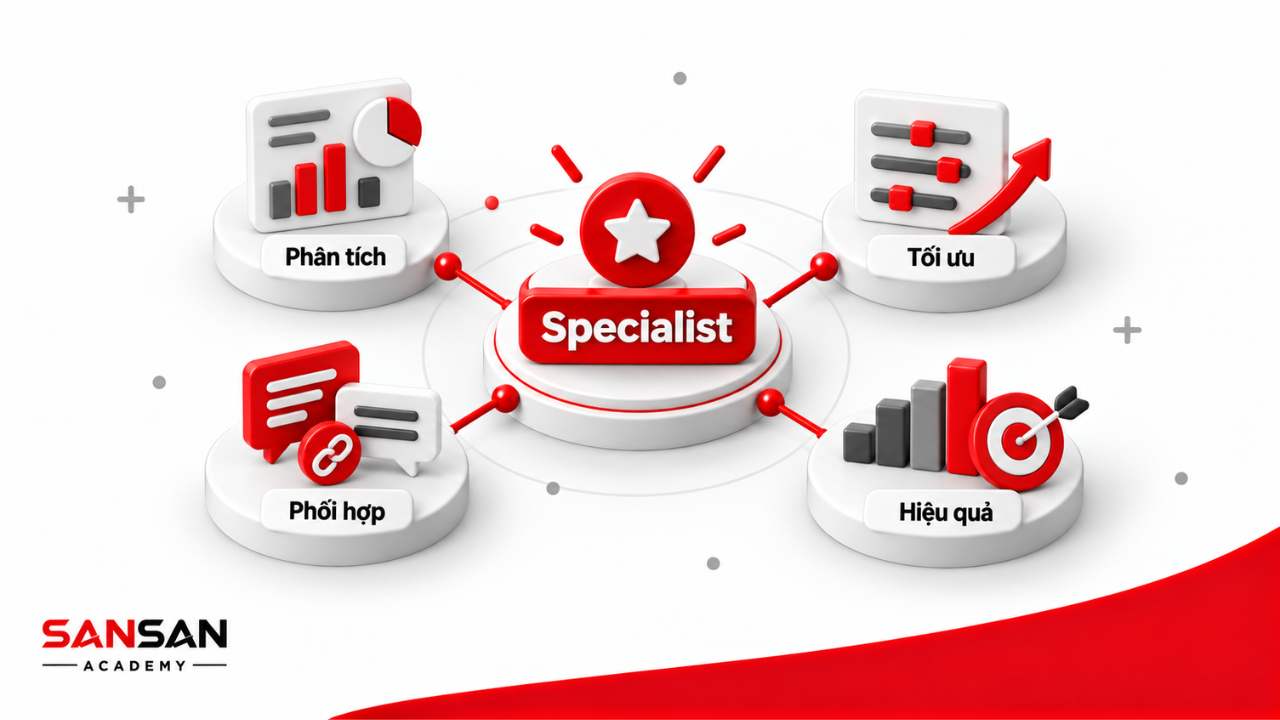 Năng lực của Marketing Specialist gồm phân tích, tối ưu, phối hợp và nâng cao hiệu quả Marketing