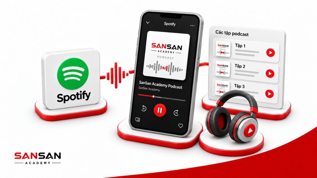 Podcast hiển thị trên Spotify với danh sách tập và trình phát