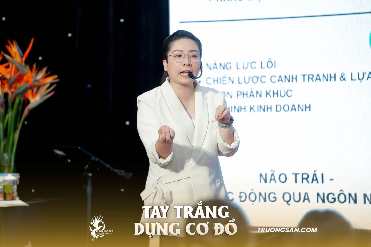 Người dẫn dắt Tay Trắng Dựng Cơ Đồ giảng bên slide năng lực lõi