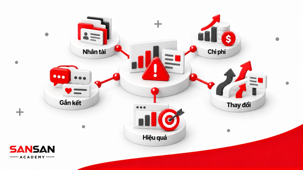 Thách thức của giám đốc nhân sự gồm giữ chân nhân tài, kiểm soát chi phí, quản trị thay đổi, duy trì gắn kết và chứng minh hiệu quả.
