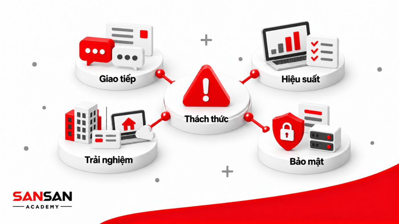 Thách thức của Hybrid Working gồm giao tiếp thiếu liền mạch, khó quản lý hiệu suất, chênh lệch trải nghiệm và rủi ro bảo mật.