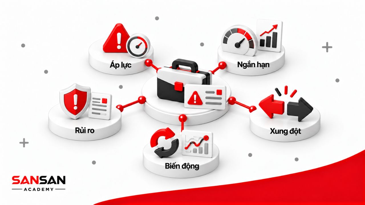 Thách thức C-Level gồm áp lực quyết định, cân bằng ngắn hạn và dài hạn, quản trị rủi ro, xung đột ưu tiên và biến động kinh doanh.