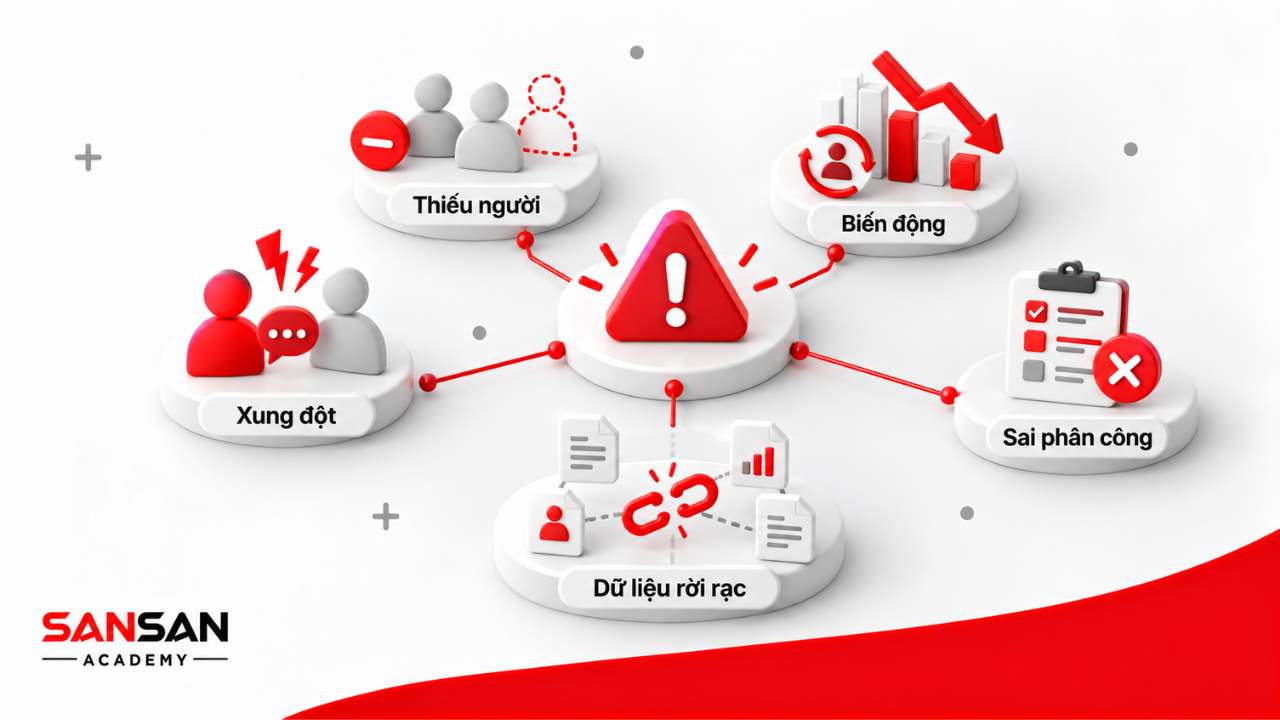 Các vấn đề quản trị nhân sự gồm thiếu người, biến động nhân sự, sai phân công, xung đột và dữ liệu rời rạc