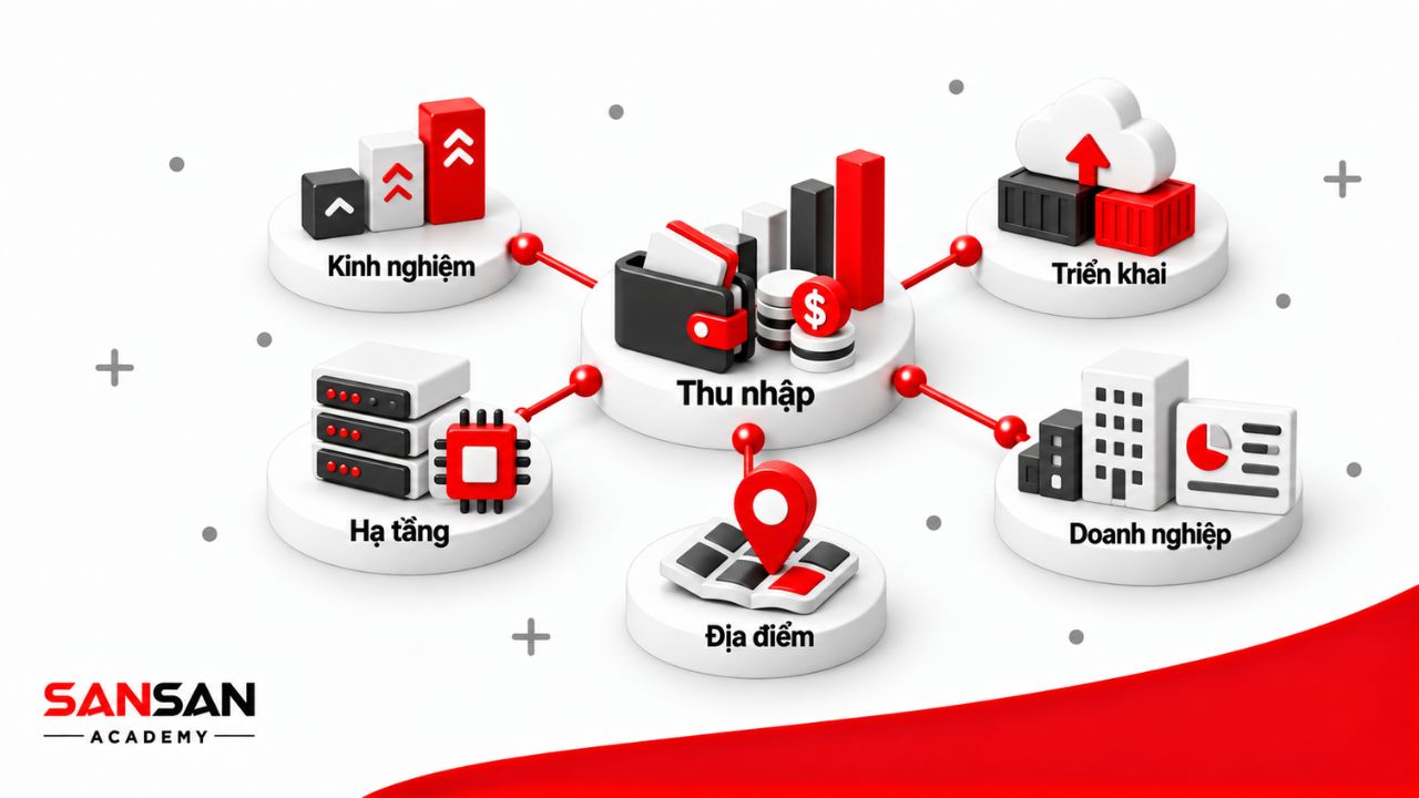 Thu nhập AI Engineer chịu tác động từ kinh nghiệm, triển khai, hạ tầng, doanh nghiệp và địa điểm làm việc.