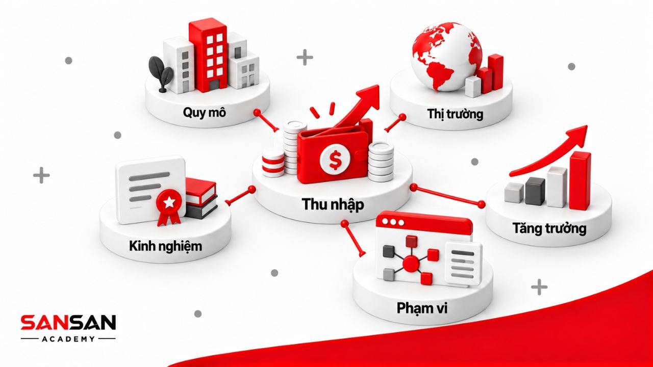Thu nhập CMO phụ thuộc vào quy mô doanh nghiệp, thị trường, kinh nghiệm, phạm vi quản lý và mức trách nhiệm tăng trưởng.