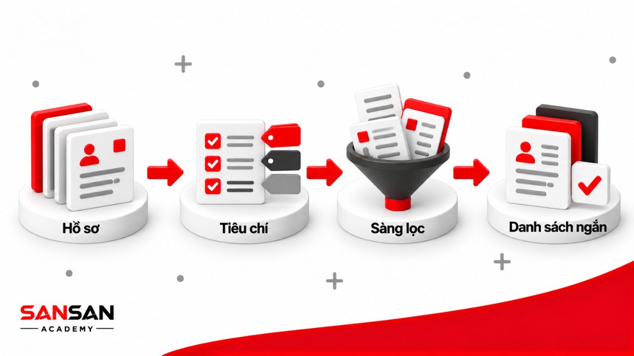 Hồ sơ ứng viên được đối chiếu với tiêu chí tuyển dụng, đưa qua bước sàng lọc và hình thành danh sách ngắn cho vòng tiếp theo.