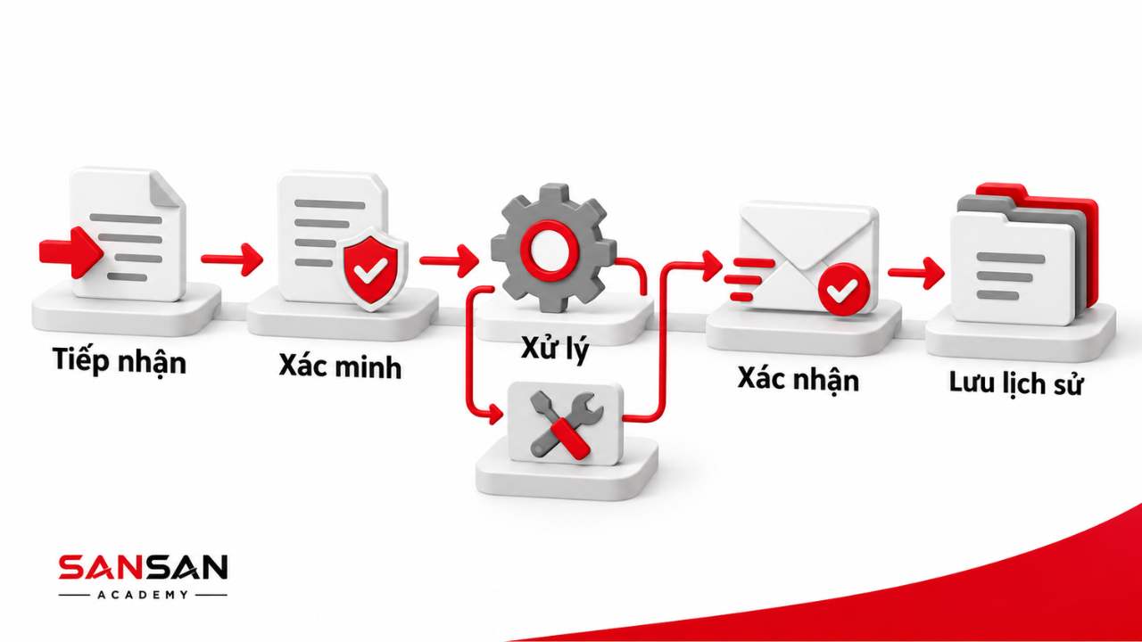 Luồng tiếp nhận, xác minh, xử lý, xác nhận và lưu lịch sử yêu cầu