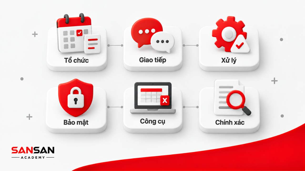 Các kỹ năng của nhân viên hành chính nhân sự gồm tổ chức, giao tiếp, xử lý tình huống, bảo mật, sử dụng công cụ và kiểm soát chính xác