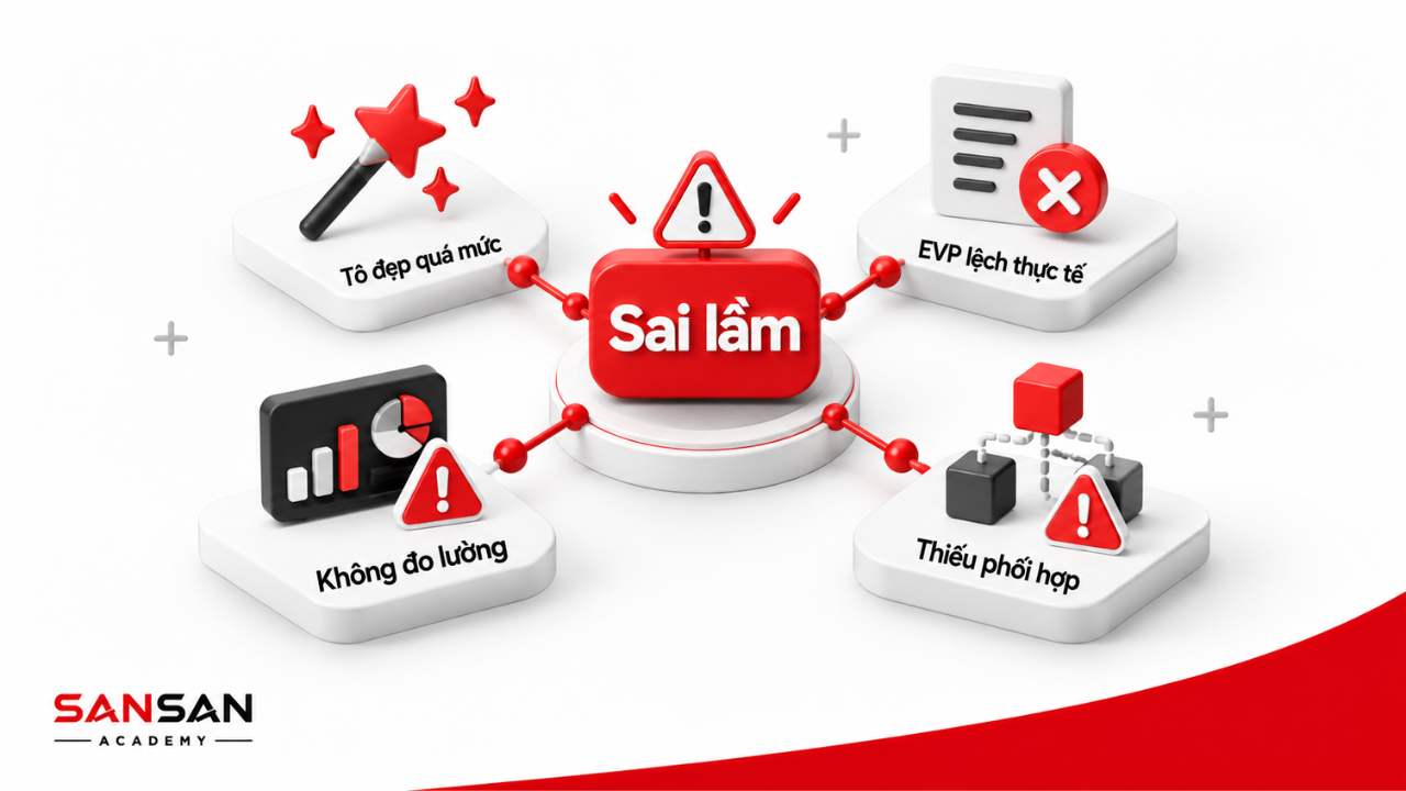 Sai lầm Employer Branding gồm tô đẹp quá mức, EVP lệch thực tế, thiếu phối hợp và không đo lường