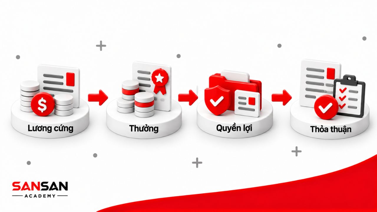 Tổng đãi ngộ đi từ lương cứng, thưởng, quyền lợi đến các điều khoản được thỏa thuận trong offer.