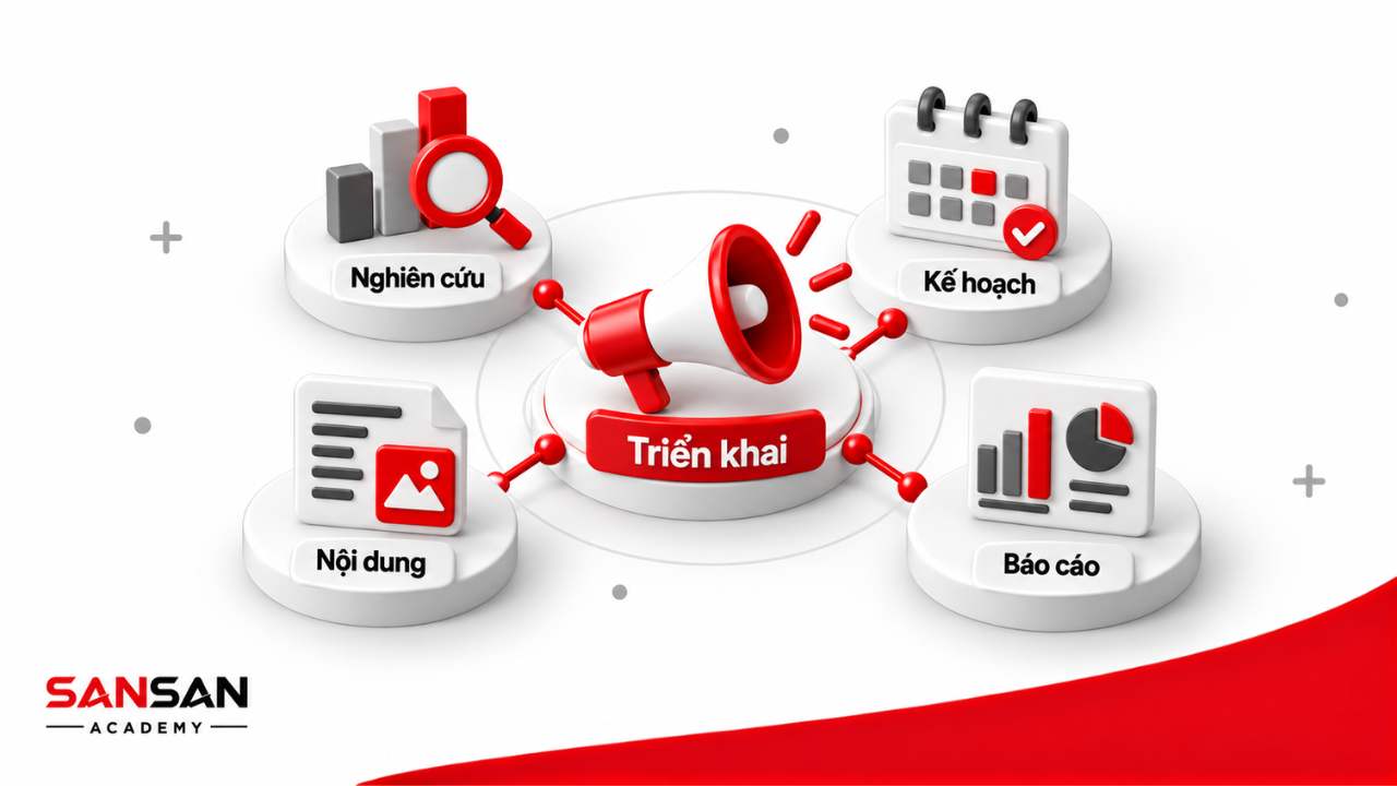 Các nhóm công việc của nhân viên Marketing gồm nghiên cứu, lập kế hoạch, triển khai nội dung và báo cáo hiệu quả