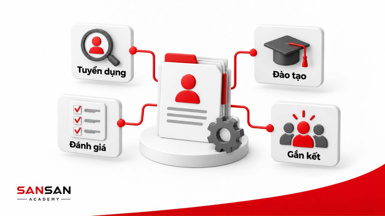 Quản lý nhân sự bao gồm tuyển dụng đào tạo đánh giá và gắn kết nhân viên