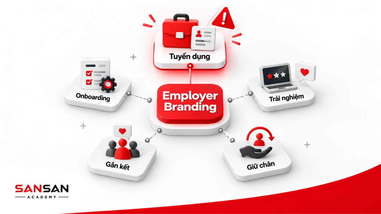 Employer Branding không chỉ là tuyển dụng mà còn bao gồm onboarding, trải nghiệm, gắn kết và giữ chân