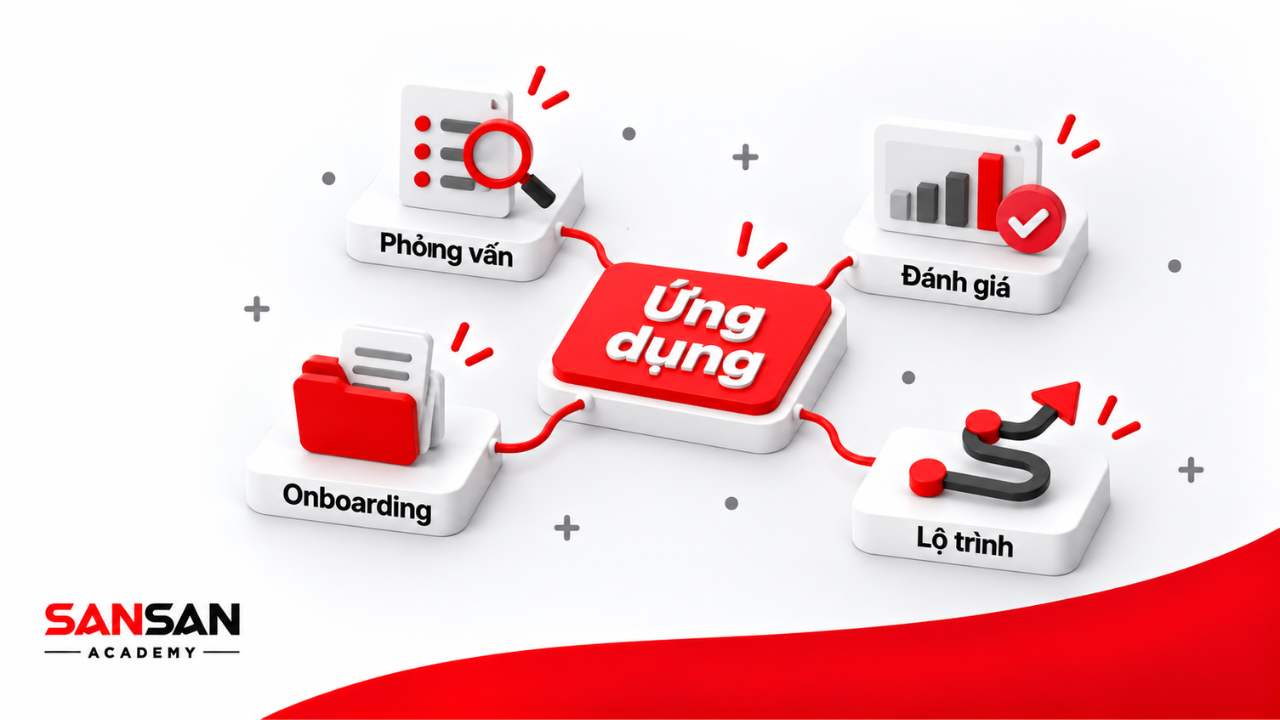 Hình minh họa các ứng dụng của mô hình ASK trong doanh nghiệp như phỏng vấn, onboarding, đánh giá và xây dựng lộ trình phát triển.