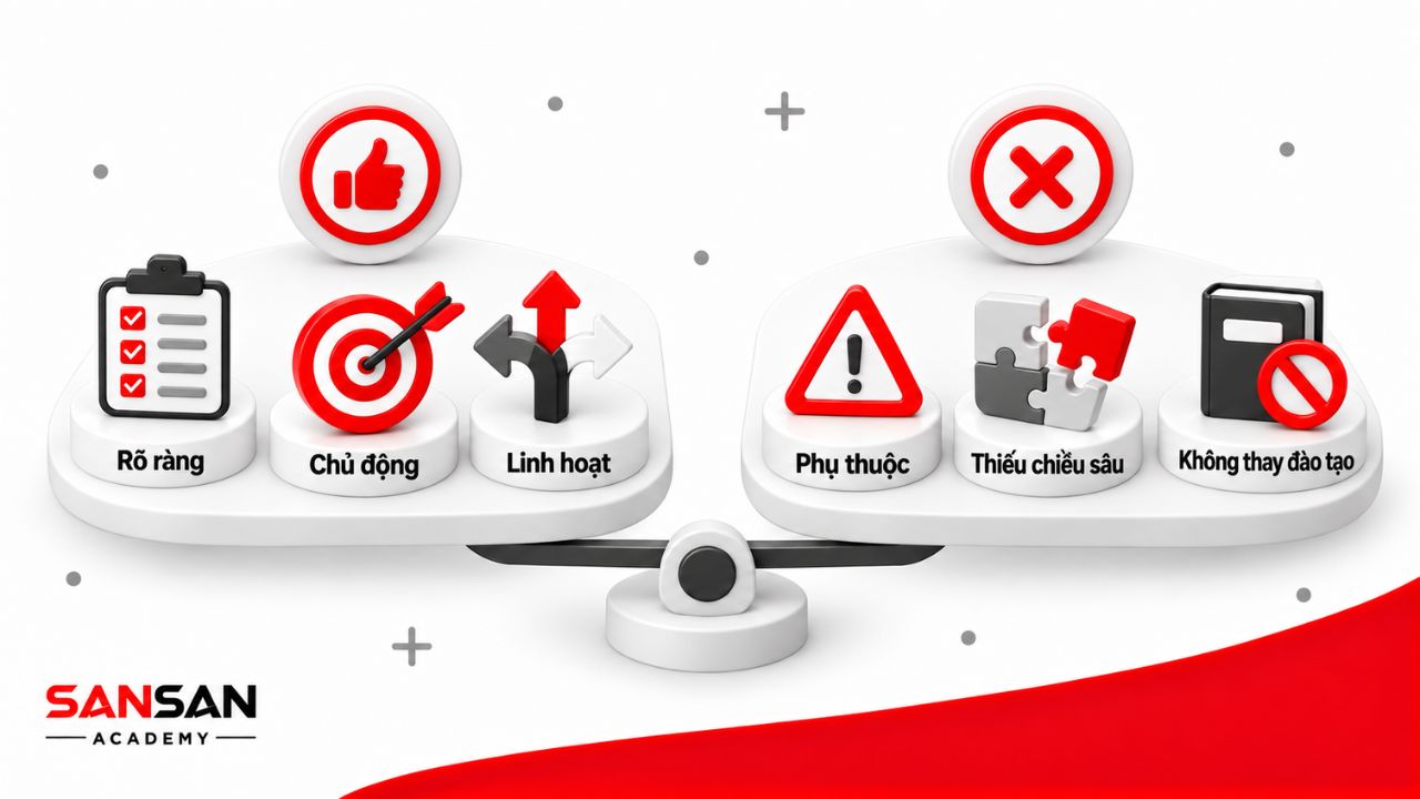 GROW có ưu điểm là rõ ràng, chủ động và linh hoạt nhưng vẫn phụ thuộc vào kỹ năng coaching, có thể thiếu chiều sâu và không thay thế đào tạo.