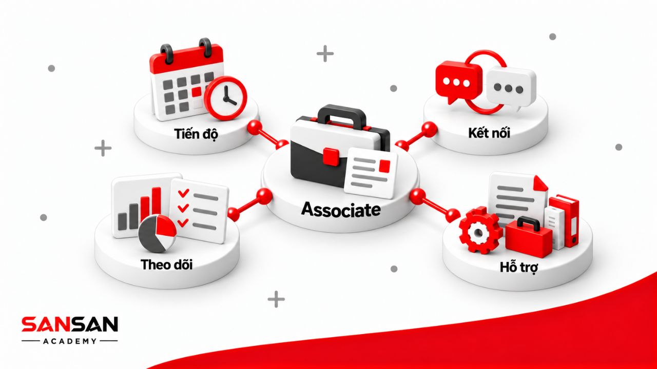 Associate hỗ trợ duy trì tiến độ, kết nối thông tin, theo dõi phần việc và cung cấp dữ liệu phục vụ hoạt động của đội nhóm.