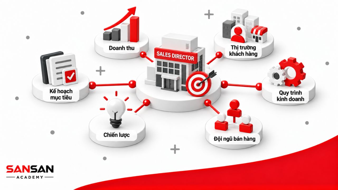 Vai trò giám đốc kinh doanh gồm định hướng chiến lược, quản lý thị trường, doanh số, đội ngũ và quy trình kinh doanh.