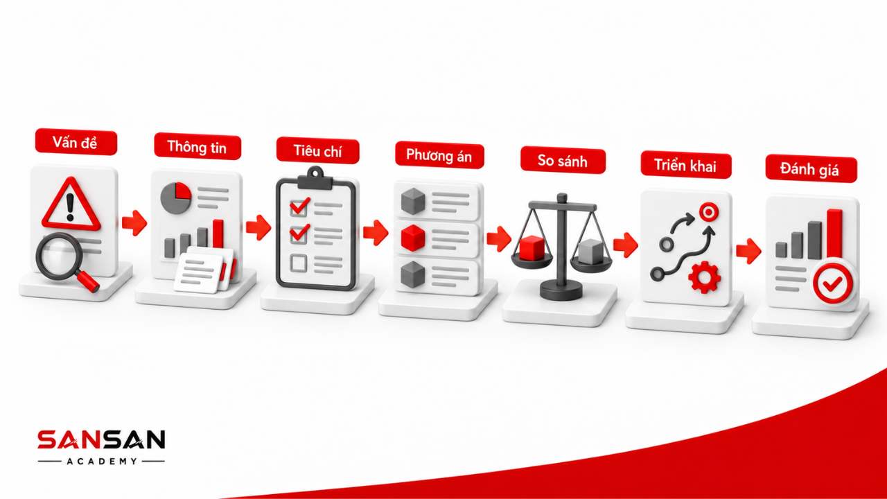 Quy trình ra quyết định từ vấn đề thông tin tiêu chí đến triển khai và đánh giá